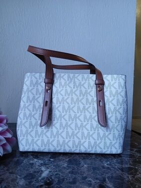 Michael Kors White MK Logo Tote with Brown Leather Straps